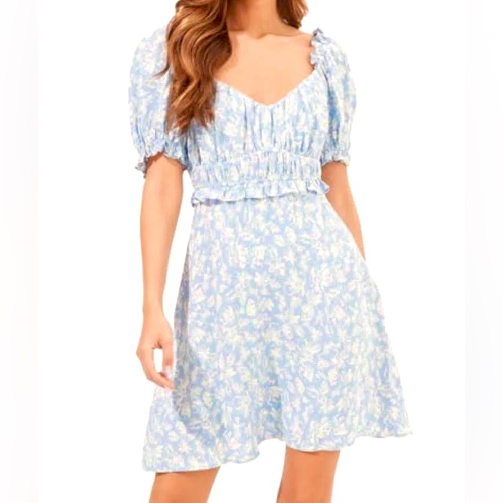 Astr the Label Blue and Ivory Puff sleeve minidress - Picture 2 of 4